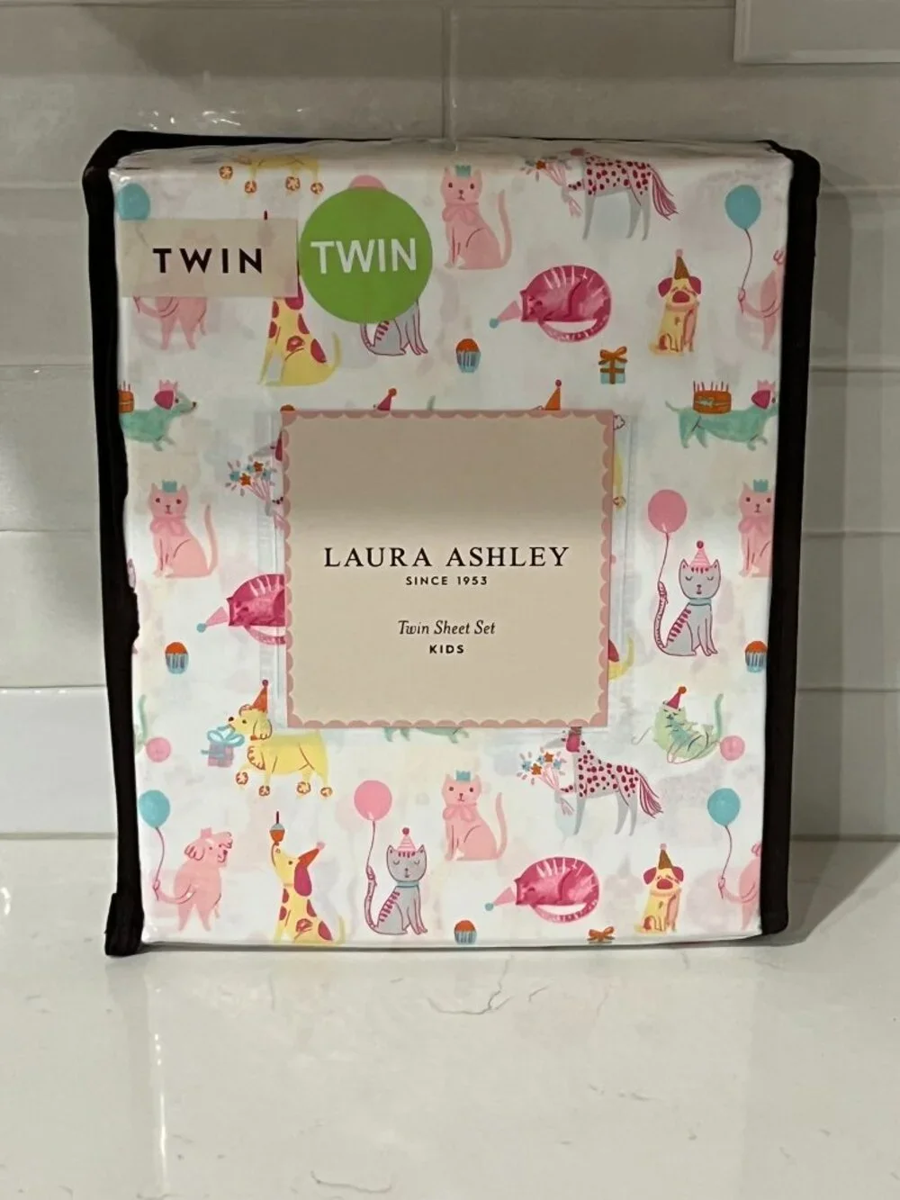 LAURA ASHLEY KIDS Twin White PARTY ANIMALS Sheet Set 3pc Dog Cat Pug Dachshund